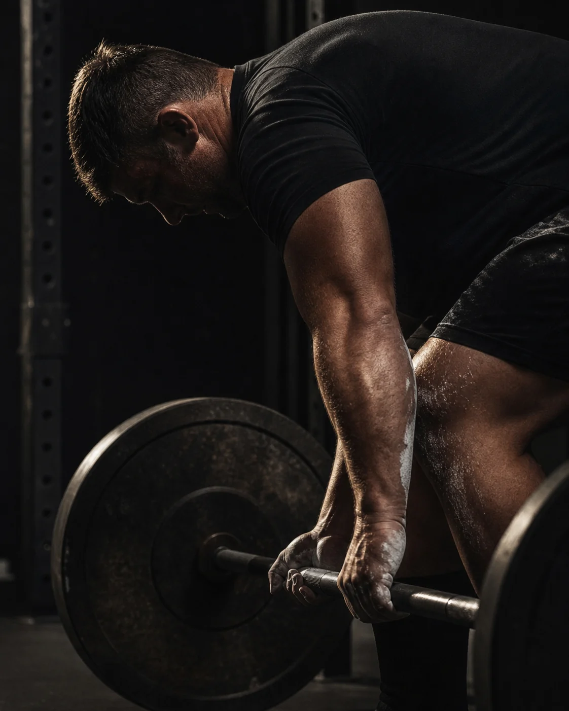 Athlete gripping a loaded barbell before a focused strength set