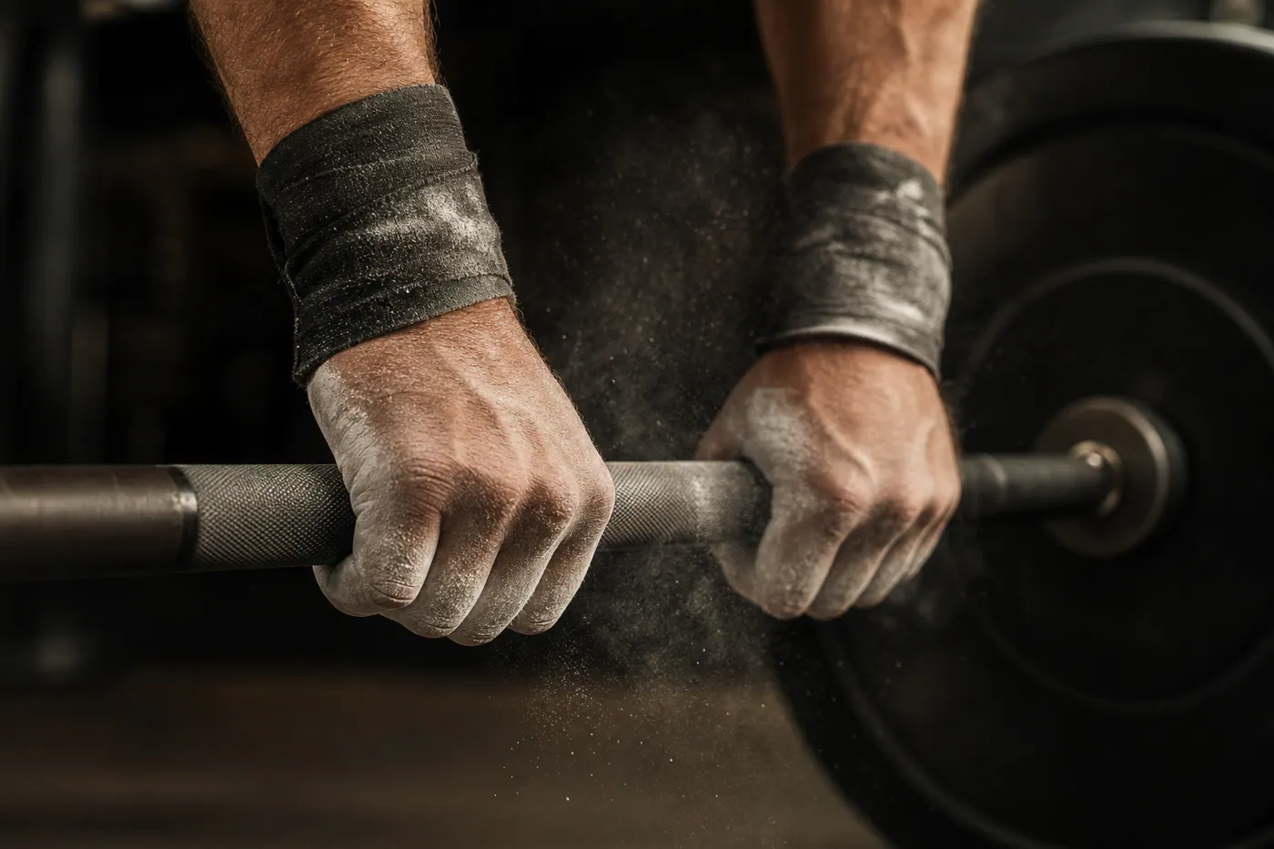 Chalked hands gripping a knurled barbell