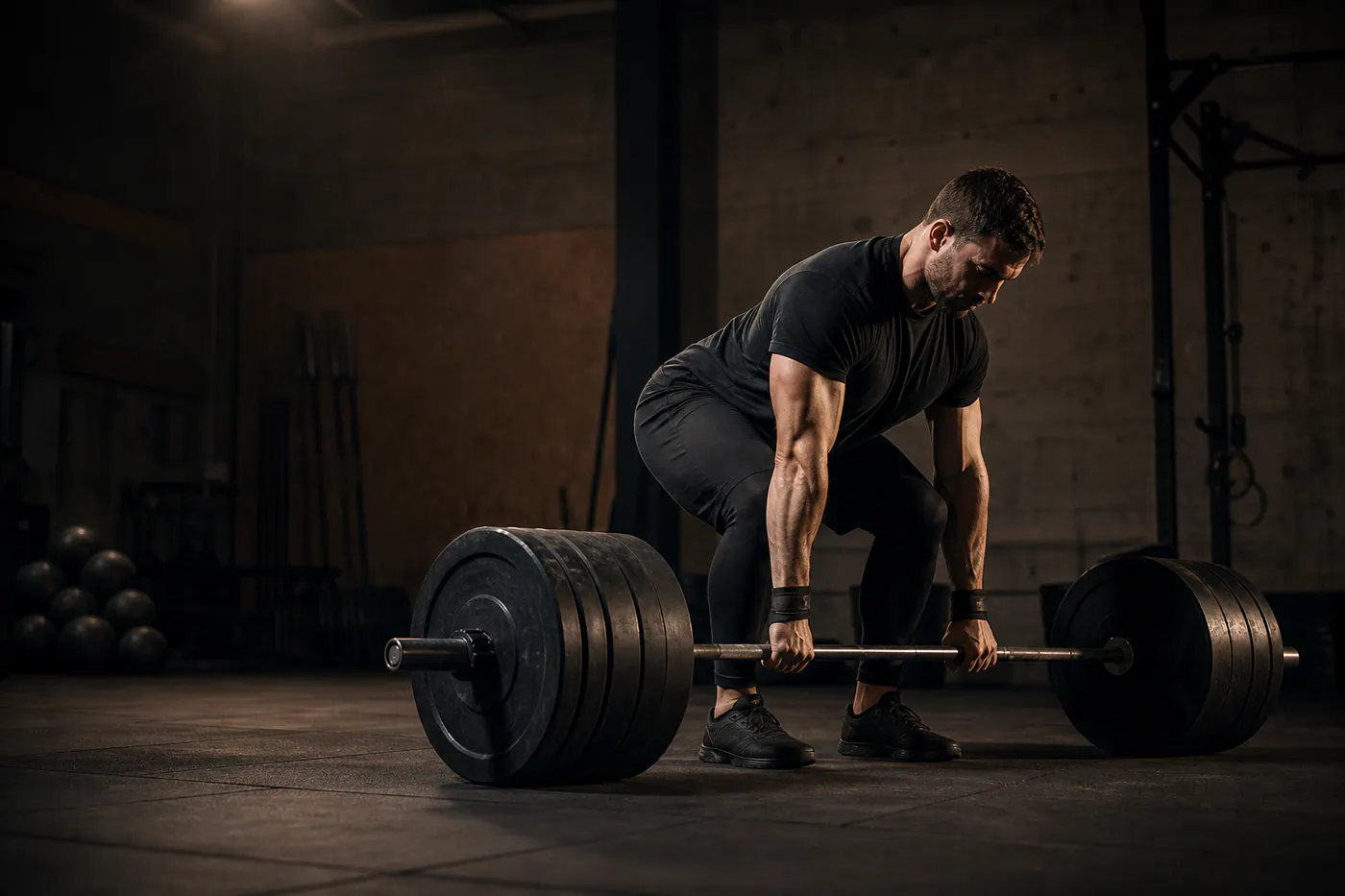 Athlete setting position for a heavy deadlift